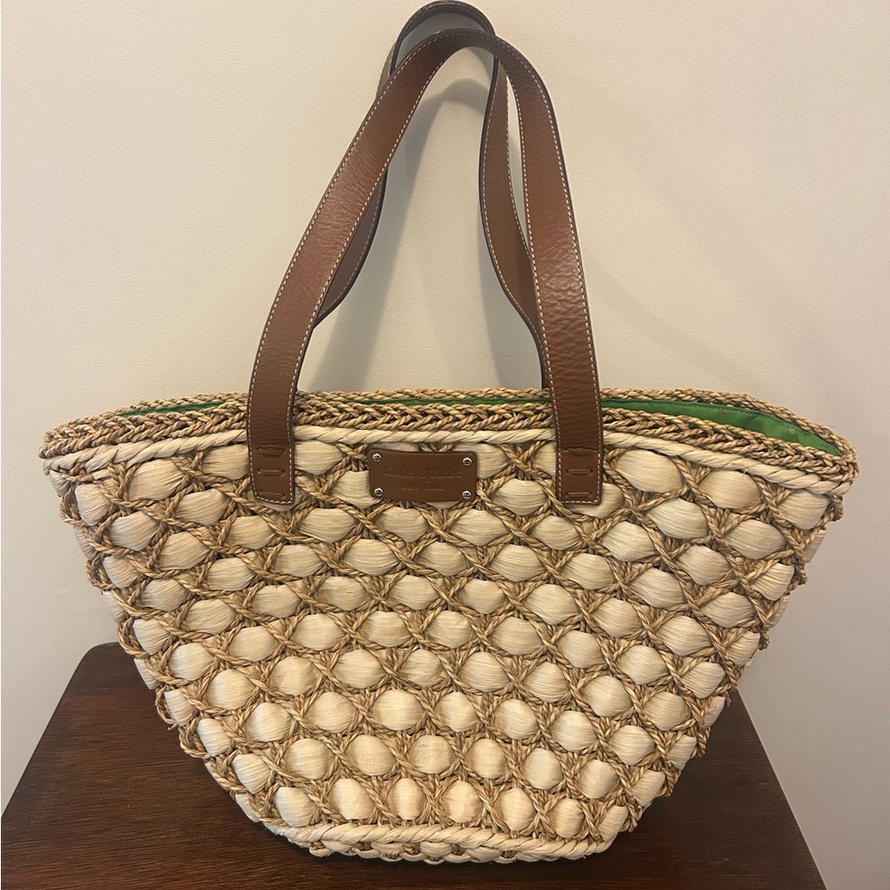 kate spade Straw Tote with Brown Leather Handles and Green Trim